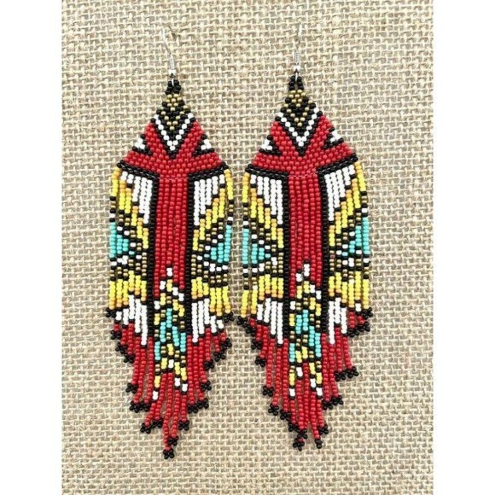 Handmade Miyuki Seed-Bead Fringe Dangling Earrings Western Style Red NWT - Picture 8 of 9